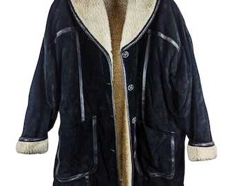 Vintage Shearling Women Sheepskin Jacket C&A Suede Black