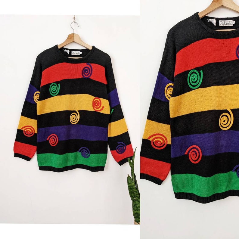 Vintage Spiral Knit Ramie Sweater Multicolor Rafaella Colorblock Rainbow 80s image 1