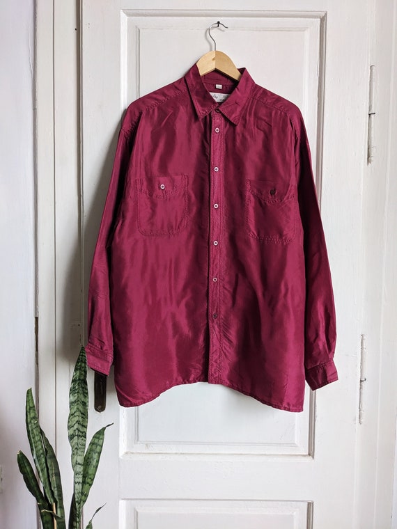 Vintage Silk Shirt Button Down Burgundy Blouse L - image 2