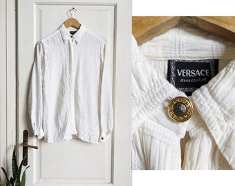 Versace Jeans Couture wit overhemd gouden knoop blouse vintage designer dames M