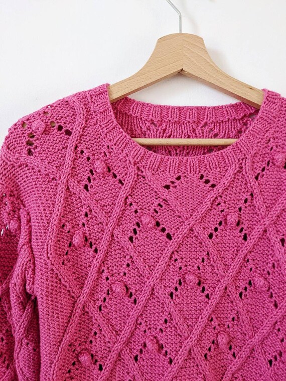 Pink Handknitted Sweater Openwork Handmade Vintage - image 4
