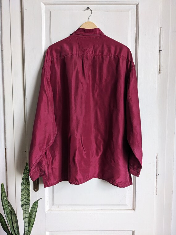 Vintage Silk Shirt Button Down Burgundy Blouse L - image 3