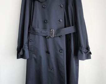 Vintage Burberrys Trench Coat | Navy Black Double Breasted Mac | Black Nova Check Lining | Made in England Royal Warrant