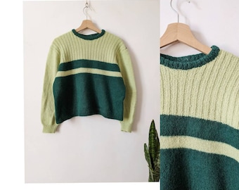 Vintage Alpaca Sweater Green Olive Women&#39;s Minimalistic Stripe Handmade Knit