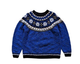 Blue Sparkle Fair Isle Yoke Sweater | Nordic Snowflake Pattern Knit Pullover