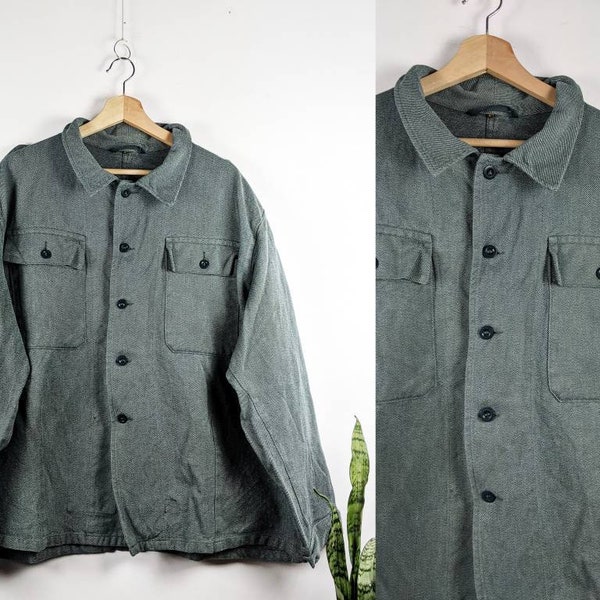 Vintage French Work Jacket Chore Sanfor Olive Faded 60s Work Wear