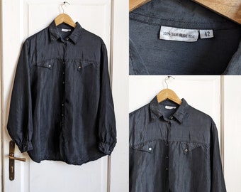 Vintage Silk Black Shirt Blouse Button Up