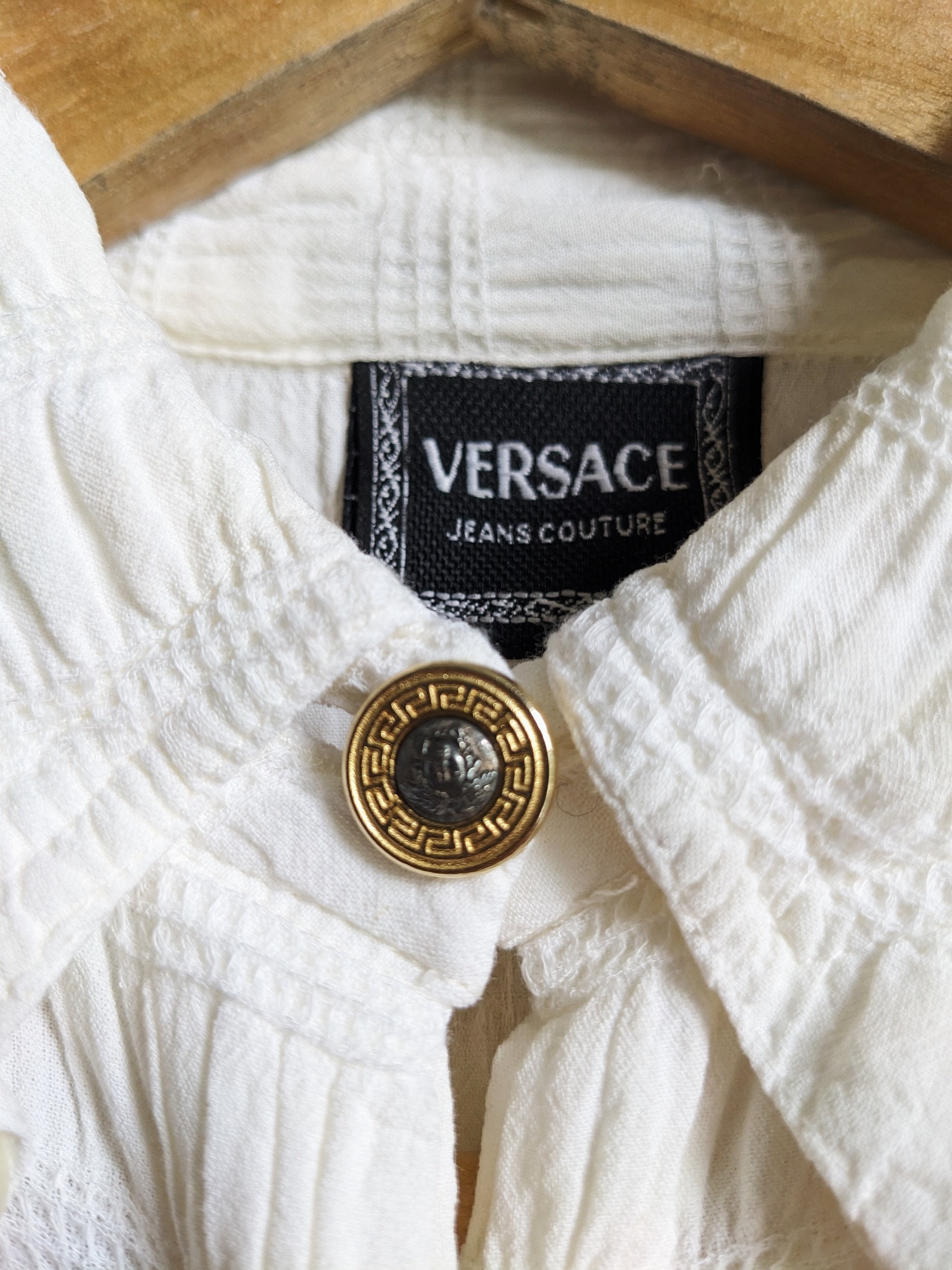 Versace Jeans Couture White Shirt Gold Button Blouse Vintage 