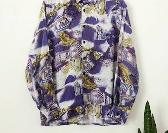 Vintage 80s Art Purple Shirt Abstract Graphic Viscose Retro Antique