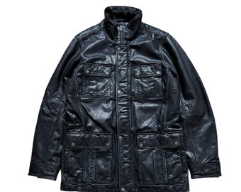 Vintage Black Leather Field Jacket . Heavy Genuine Leather Biker Coat . Plaid Lined Utility Jacket . Jofama . Size L
