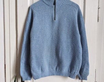 Lambswool Sweater Blue Quarter Zip Scottish Knit Warm Soft Pullover Vintage
