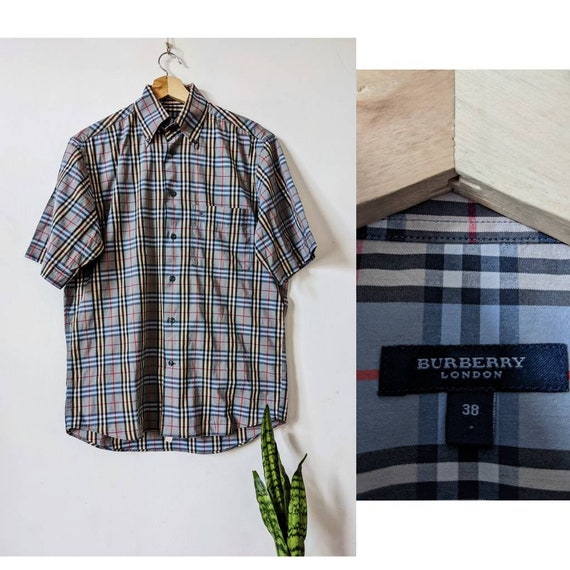Vintage Burberry London Shirt Check Blue Short Sleeve Etsy