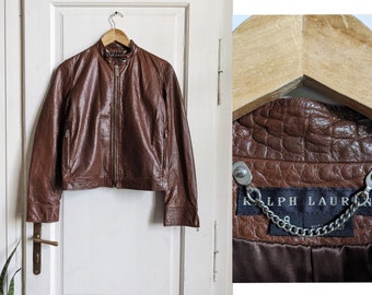 Ralph Lauren Black Label Womens Front Zip Crew Neck Leather Jacket Brown