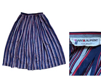 Vintage 1980s Saint Laurent Rive Gauche Striped Pleated Midi Skirt | Made in France | YSL Paris Classic Elegant Style