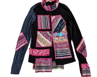 Y2K Mesh Patchwork Blouse | Multicolor Asymmetric Cardigan | Merino Fuego