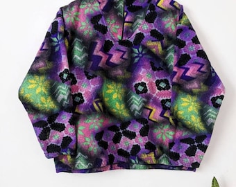 Vintage 90er Jahre Fleece Jacke | Lila Grün Quarter Zip Multicolor Graphic Streetwear