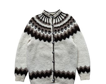 Cardigan vintage islandese in lana Lopapeysa lavorato a mano, maglia norvegese in lana