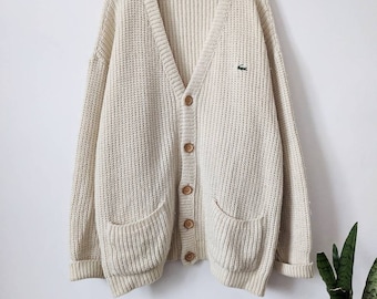 Vintage Chemise Lacoste Chunky Wool Knit Cardigan | 90s Beige Oversized | Size XL