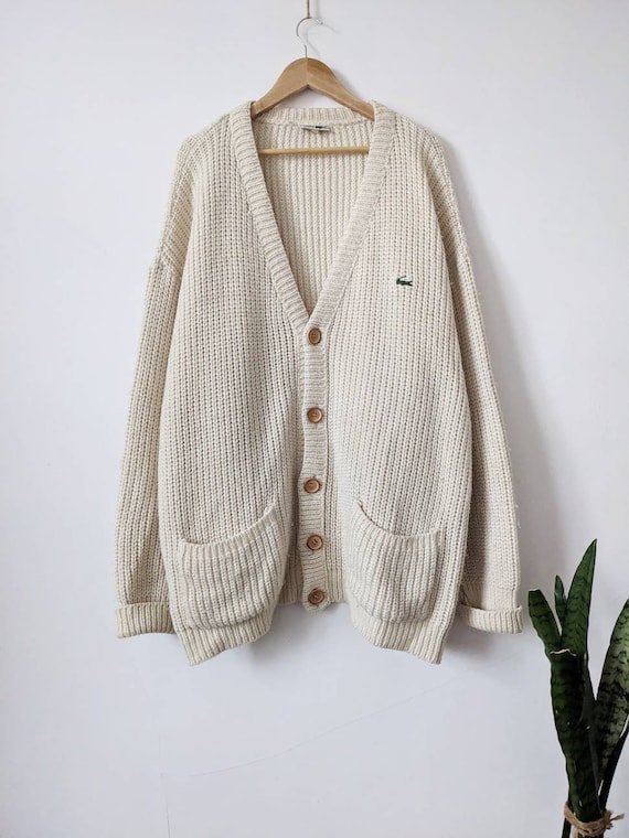 Vintage Chemise Lacoste Chunky Wool Knit Cardigan | 90s Beige Oversized | Size XL