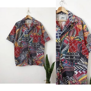 Vintage 80s Multicolor Art Shirt Hawaiian Ethnic Graphic Ornament Pattern Short Sleeve  Aztec