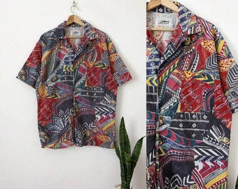 Vintage 80s Multicolor Art Shirt Hawaiian Ethnic Graphic Ornament Pattern Short Sleeve  Aztec