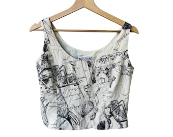 Top corto vintage de Moschino Couture, estilo años 90, estampado artístico de diseñador, top sin mangas, hecho en Italia, top vanguardista de Moschino para mujer.