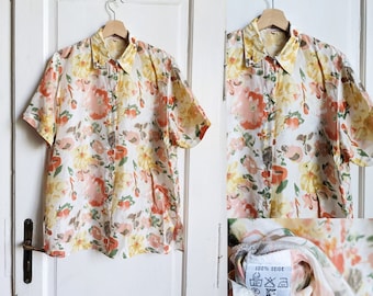 Vintage Silk Blouse Floral Print Short Sleeve Shirt