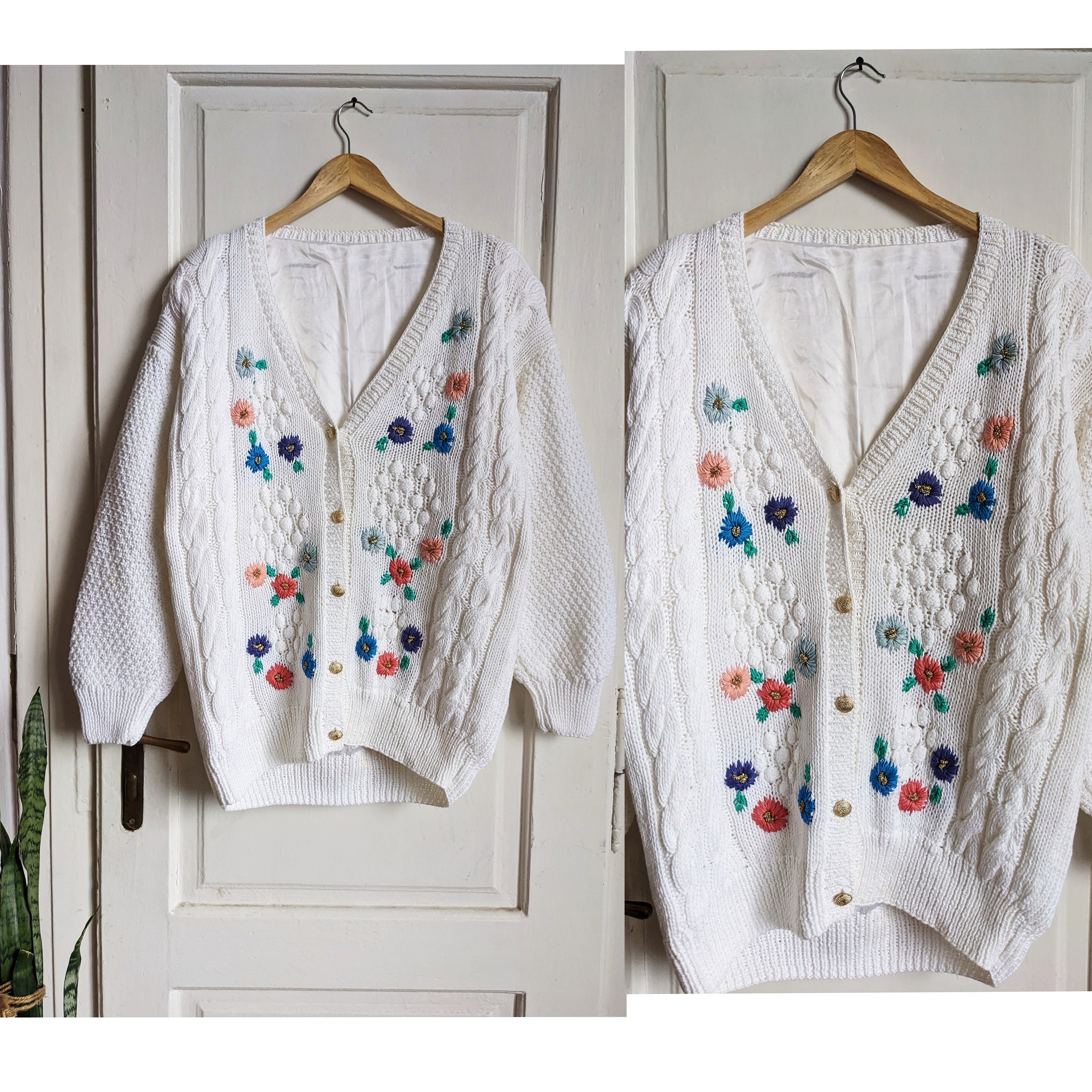 Vintage Handknitted Cardigan Floral Embroidered - Etsy