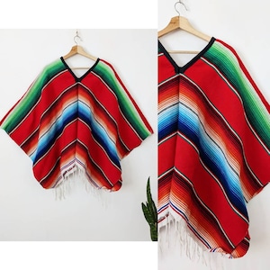 Vintage Mexican Poncho Multicolor Aztec Pattern Stripe