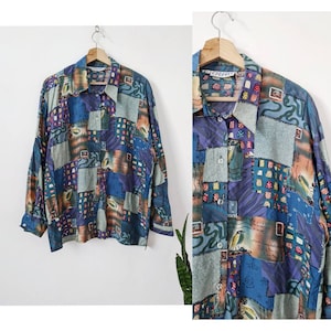 Blusa multicolor de los años 90 Camisa de manga larga con estampado postal y gráfico abstracto Patchwork de viscosa