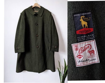 Vintage 70s Khaki Wool Overcoat Steinbock Austrian Himalaya Loden Long Coat Mens Size XL