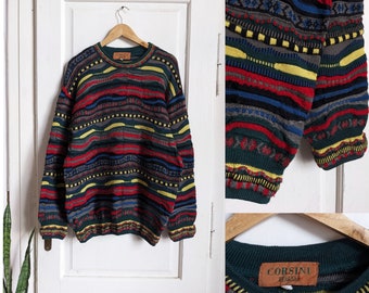 Pull vintage en maille 3D Corsini Coogi style tricoté à la main multicolore