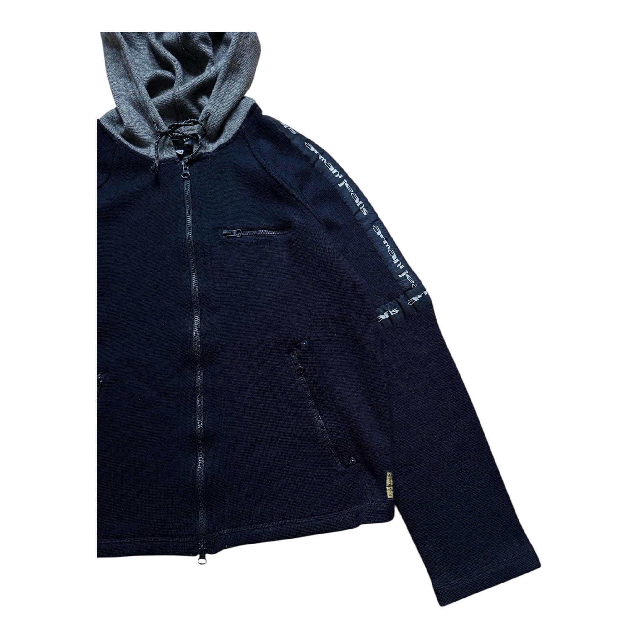Armani Jeans Vintage Knit Hoodie | Mens Navy Logo Tape Y2K Archive 