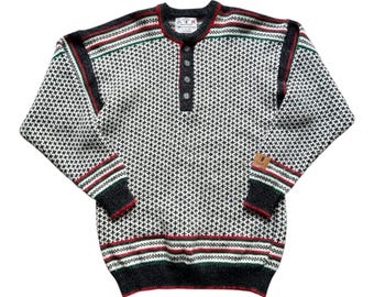 Vintage Norwegian Wool Fair Isle Henley Sweater – Made in Norway, Nordic Heritage Pullover