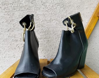 Rick Owens Black Leather Chain Wedge Ankle Boots