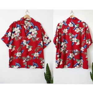 Iolani Hawaiian Shirt Aloha Floral Pattern 90s USA Red Tropical Graphic