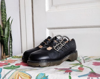 Vintage Dr. Martens Mary Jane 8368 Chunky Platform Shoes Three Straps England Black Leather