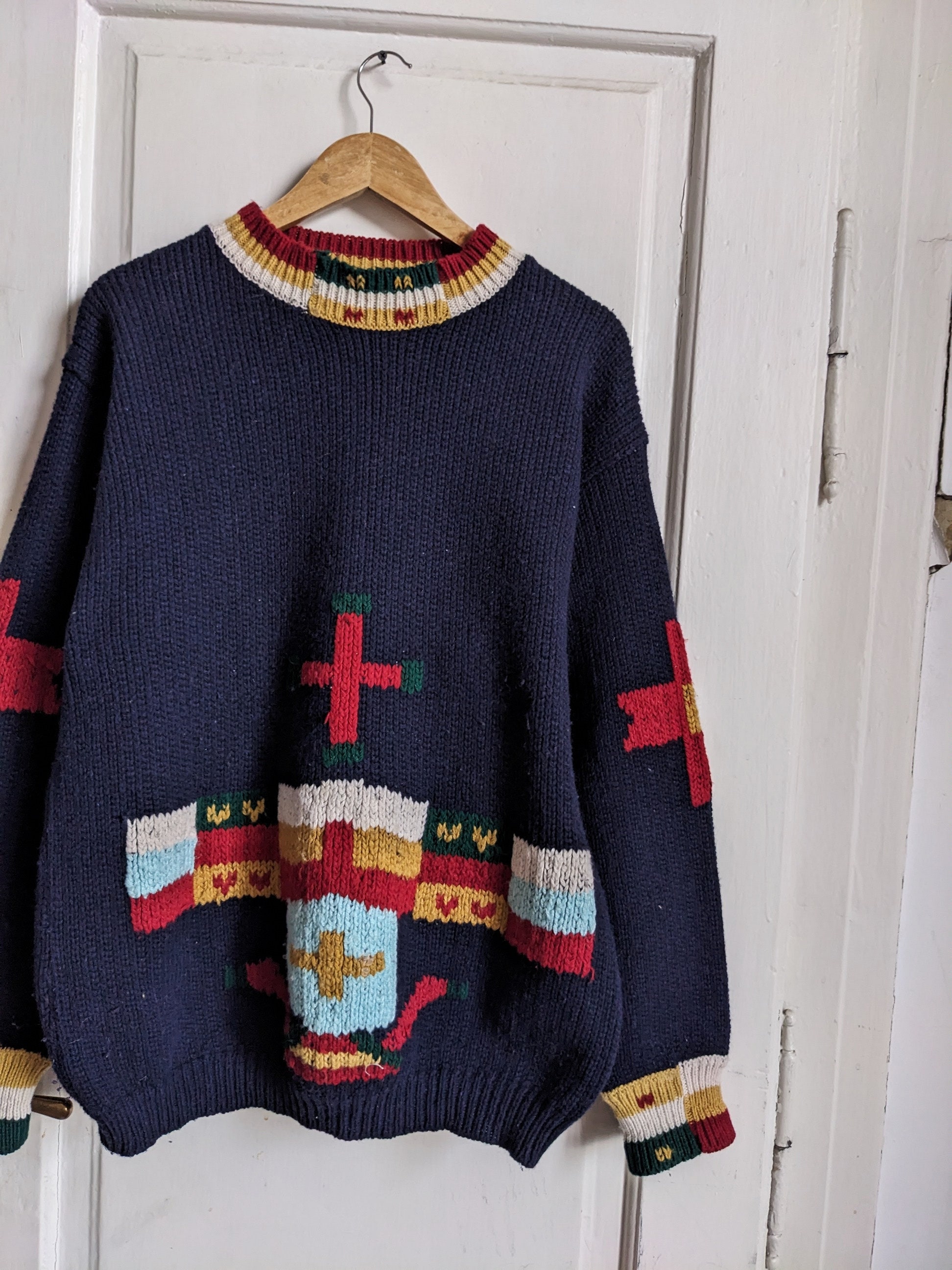 Vintage Hand Knit Sweater | Navy Heraldic Cross Wool Jumper | M - Etsy