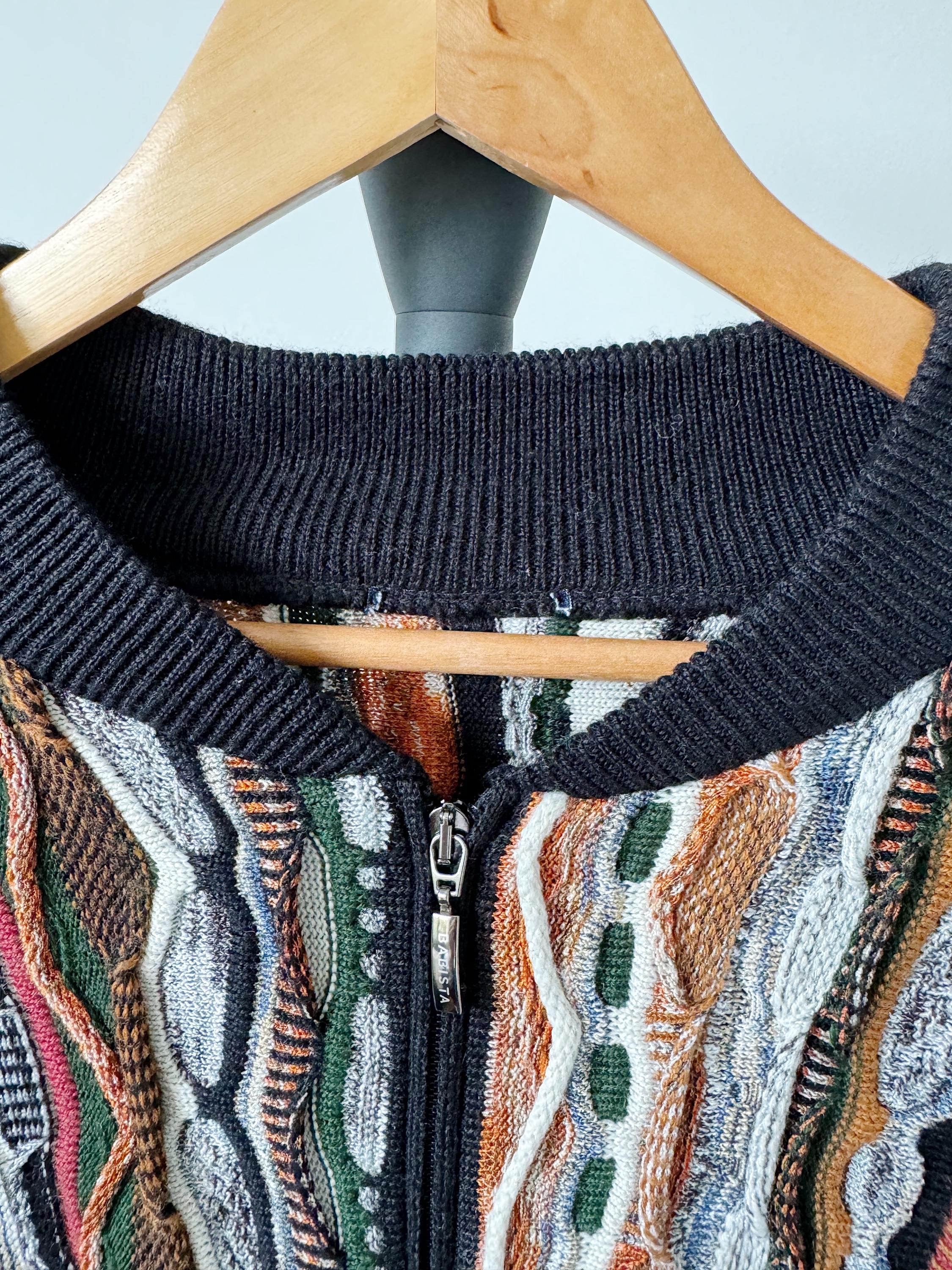 Vintage Coogi Style 3D Knit Sweater – Multicolor Textured Zip 
