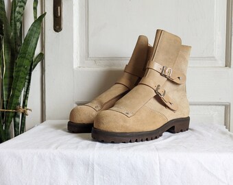 Vintage Stuco Swiss Suede Ankle Boots | Tan Buckle Strap Leather Boots Women Chunky Sole