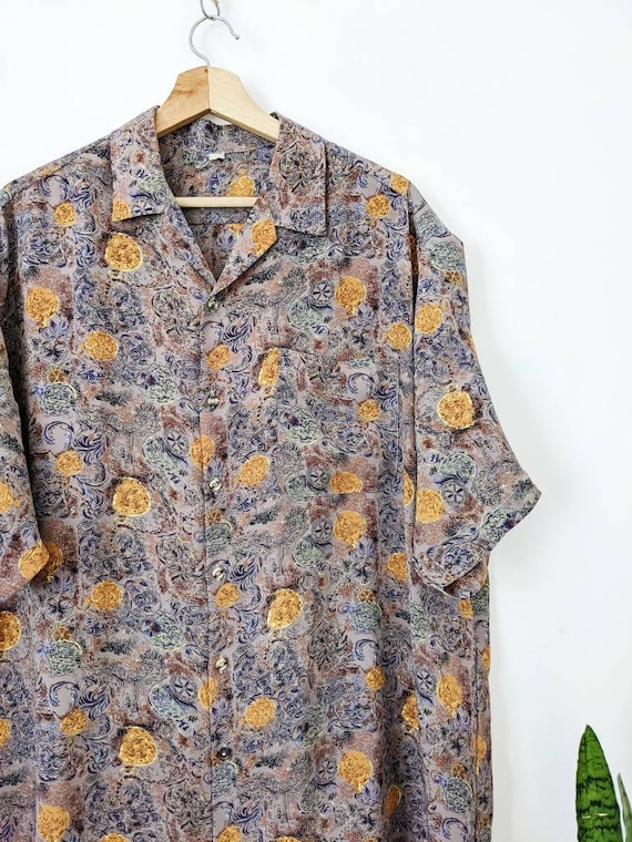 Vintage Multicolor Shirt Short Sleeve Ornament Art Antiques Pattern Retro France Silk Hawaiian Floral