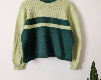 Vintage Alpaca Sweater Green Olive Women's Minimalistic Stripe Handmade Knit