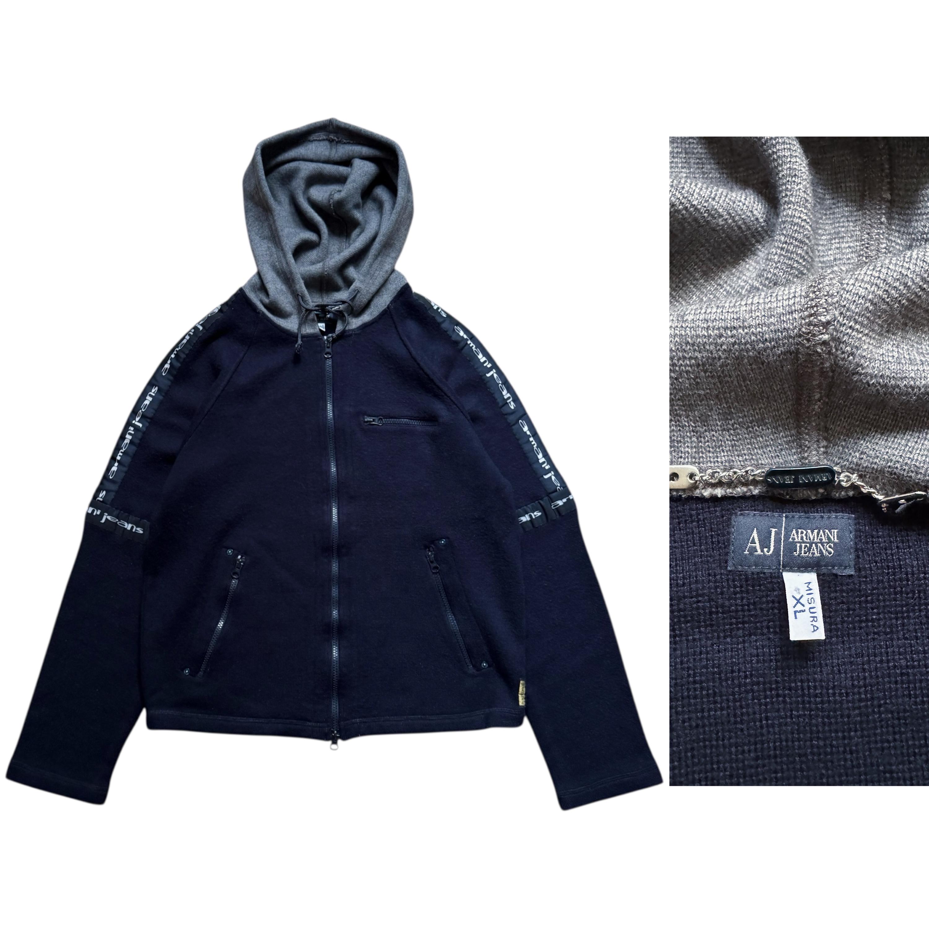 トップス emporio armani 00s Knit archive Armani Jeans Vintage Knit Hoodie | Mens Navy Logo Tape Y2K Archive
