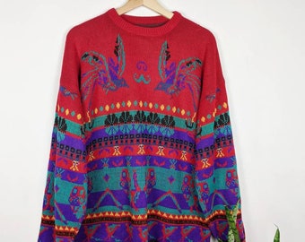 Vintage Multicolor Knit Sweater: Boho Tribal Ornament Pattern Pullover (Size L)