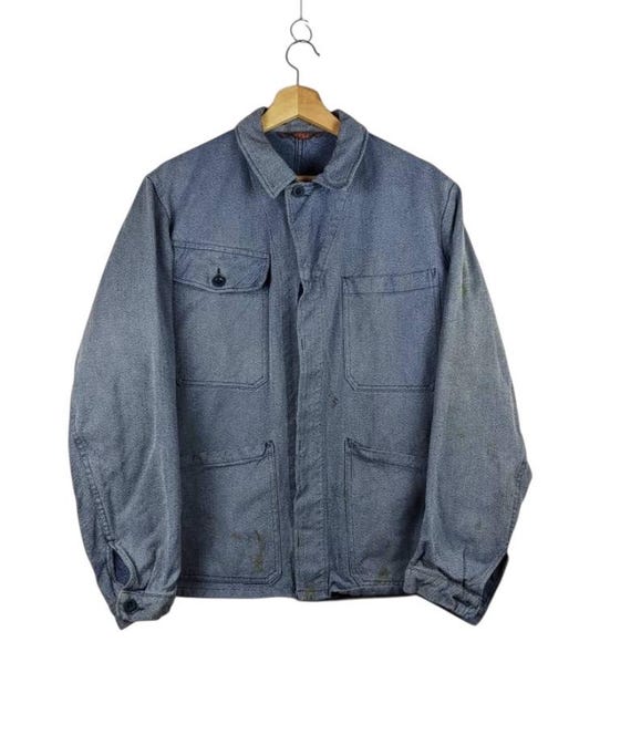Vintage 70s French Workwear Chore Coat, Faded Blue Cotton Jacket