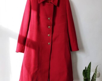 Manteau Vintage Femme En Laine Rouge - Marque Régine, Taille 38-40, Fabriqué En France