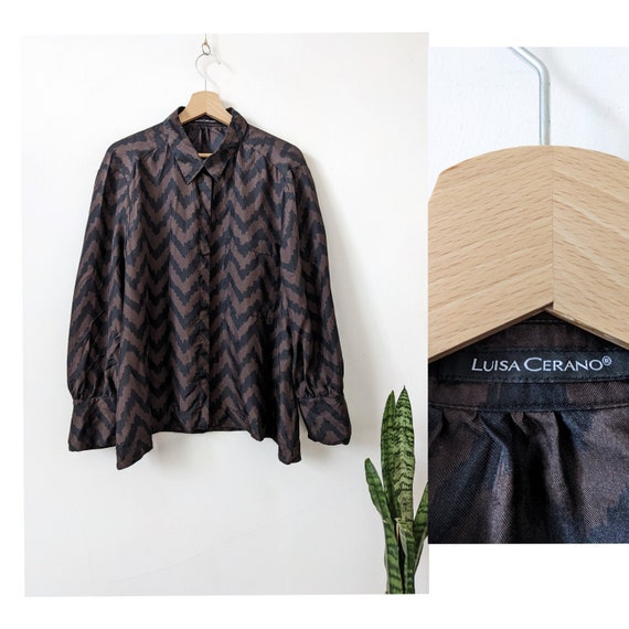 Luisa Cerano Silk Blouse Shirt Brown Geometric Pa… - image 1