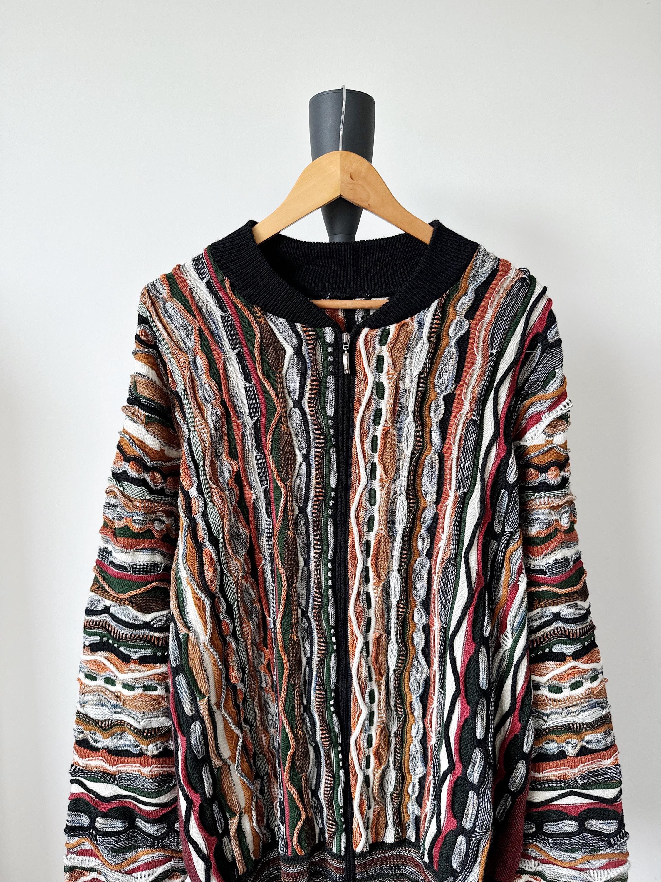 Vintage Coogi Style 3D Knit Sweater – Multicolor Textured Zip 