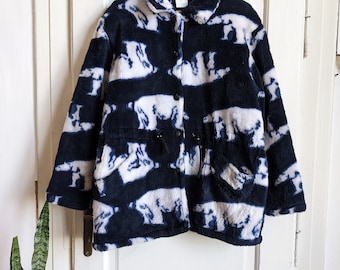 Vintage teddyfleece ijsbeerprint | Marinewitte jaren 90 gezellige streetwear-jas met dierenprint