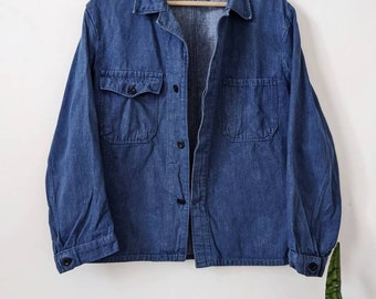May include: A blue denim work shirt with a button-up front and two large pockets. The shirt is hanging on a wooden hanger against a white wall.